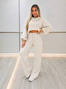 Conjunto Tricot Mousse Feminino Cropped Gola Alta Inverno Estiloso Calça Pantalona Canelada Exclusivo