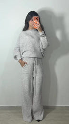 Conjunto Feminino de Tricot Mousse Premium Blusa Morcego e Calça Pantalona Casual Inverno
