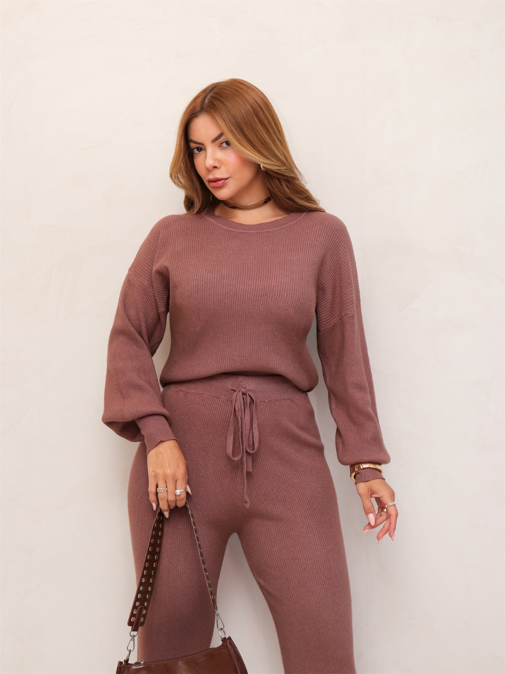 Conjunto Feminino Tricot Blusa Manga Longa e Calça Pantalona Elegante Confortável Inverno 3RD SD2008