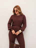 Conjunto Feminino Tricot Blusa Manga Longa e Calça Pantalona Elegante Confortável Inverno 3RD SD2008