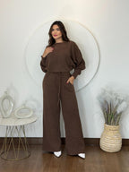 Conjunto Feminino de Tricot Mousse Premium Blusa Morcego e Calça Pantalona Casual Inverno