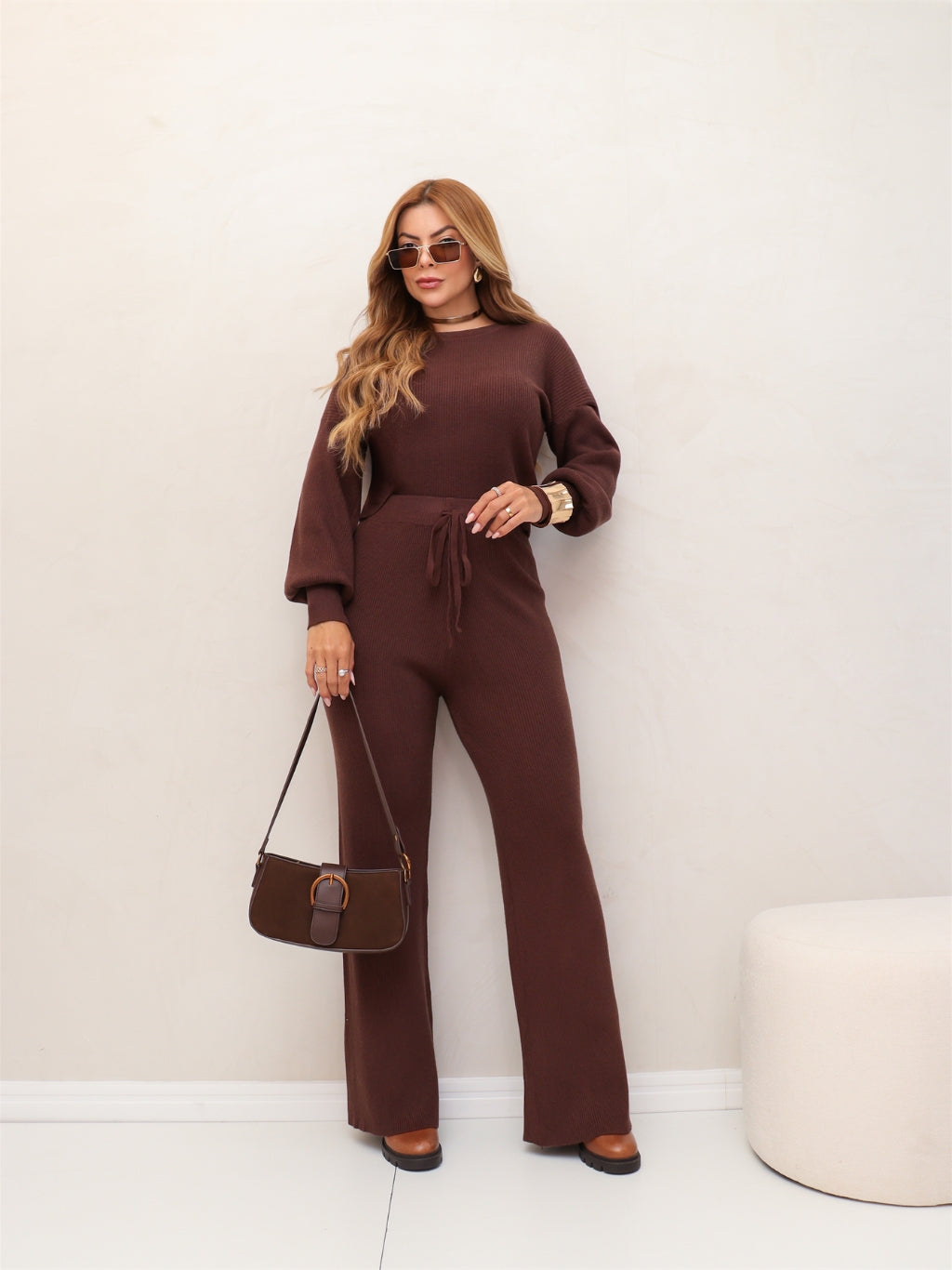Conjunto Feminino Tricot Blusa Manga Longa e Calça Pantalona Elegante Confortável Inverno 3RD SD2008