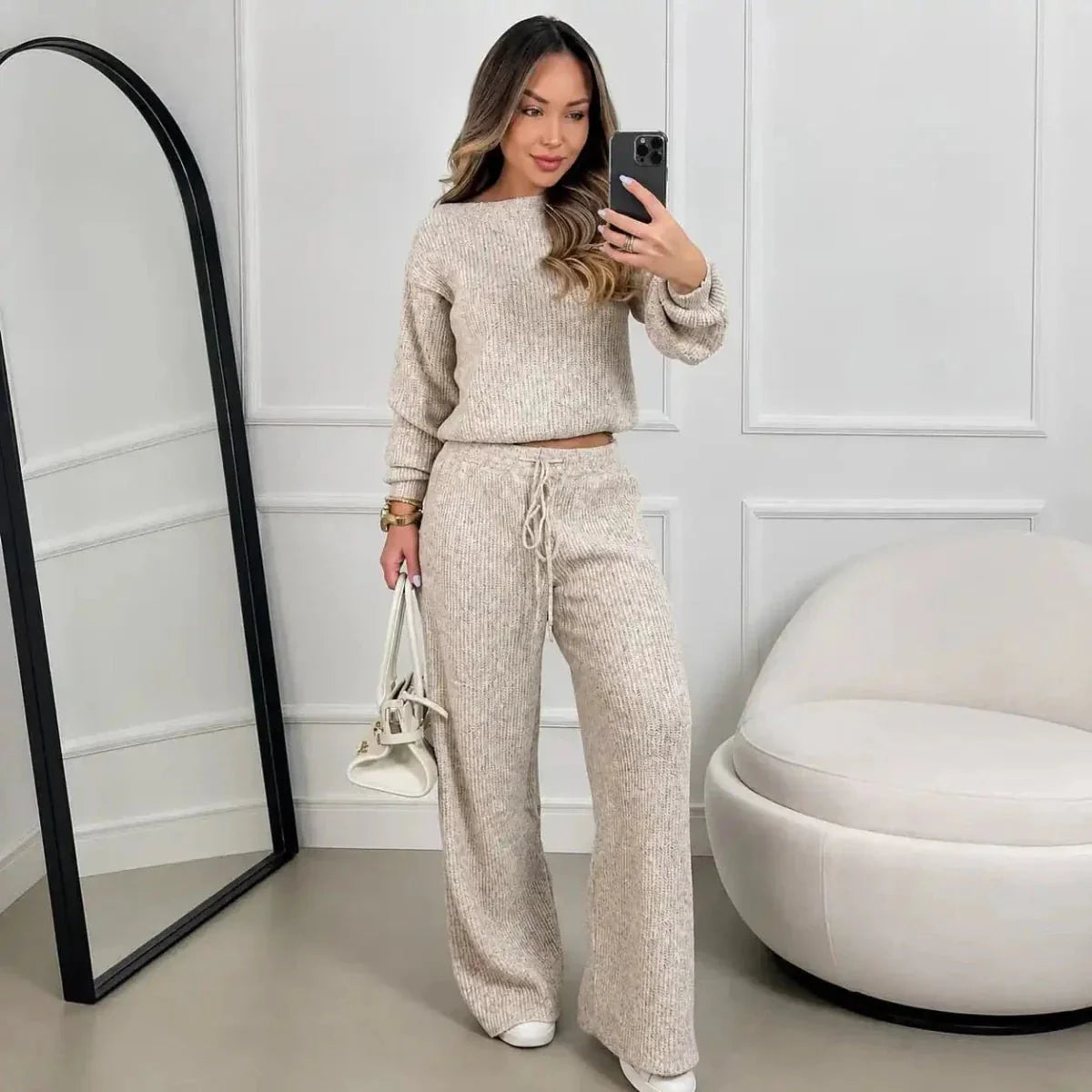 Kit 2 Conjuntos Feminino Canelado em Tricot (Blusa + Calça)