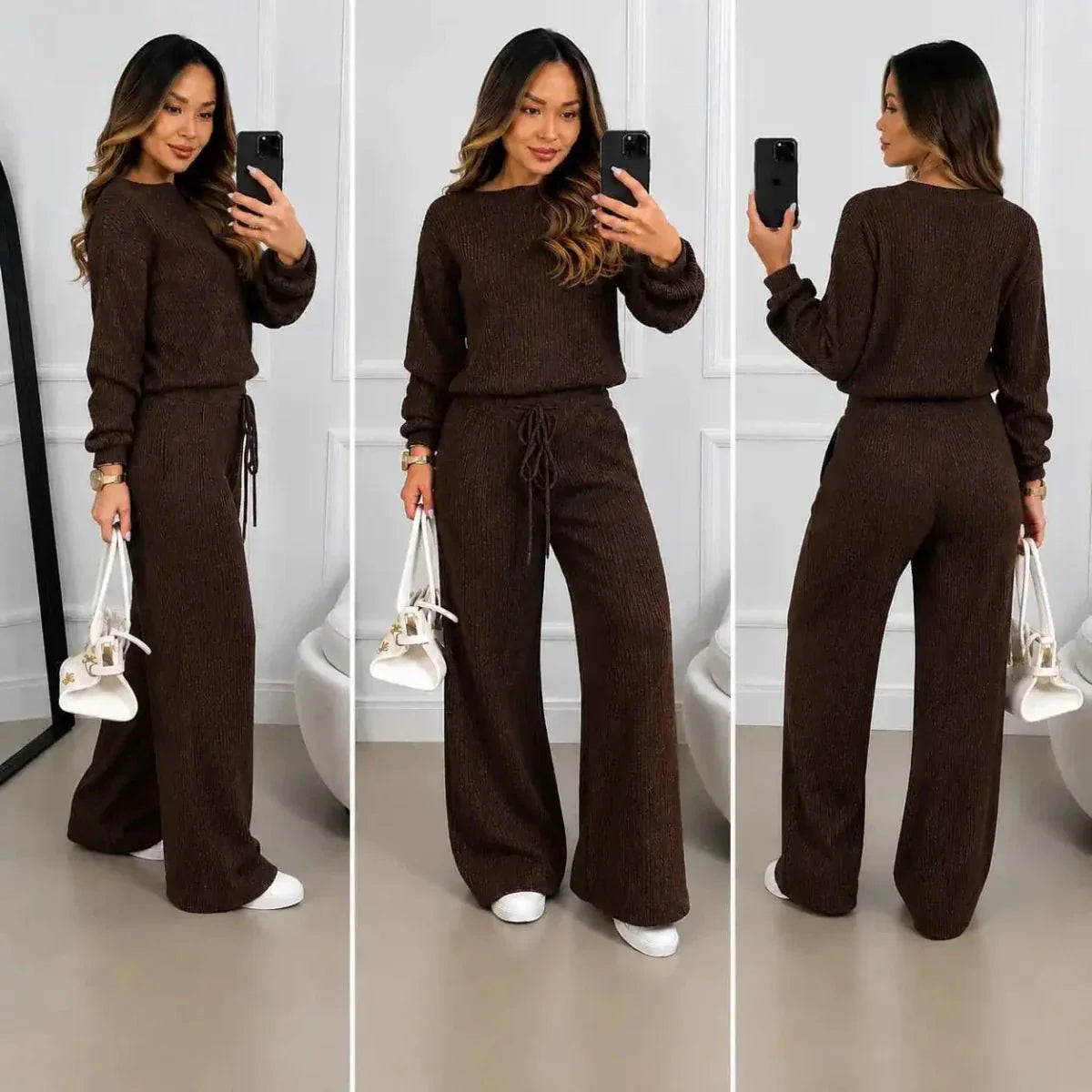 Kit 2 Conjuntos Feminino Canelado em Tricot (Blusa + Calça)